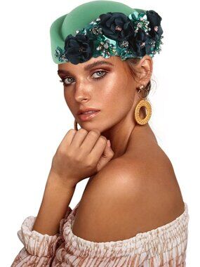 Women's British Felt hat Church Derby Headdress Floral Beret hat Green